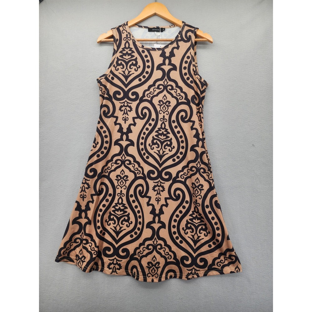 Zesica Womens Damask Print Sleeveless A-Line Dress Tan Black Boho Retro Med NEW‎